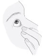 Stylized drawing of a hand applying a drop of liquid onto the surface of the