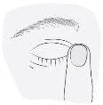 Line drawing of a finger gently touching the edge of the lower eyelid of an open eye with visible eyelashes