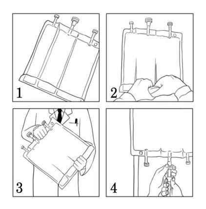 Diagramma in quattro fasi che mostra come maneggiare e preparare una sacca per infusione tramite mani e movimenti coordinati
