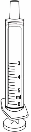 Technical drawing of a vertical syringe with a graduated scale in milliliters ranging from 3 to 6 ml and a protective cap on the upper tip