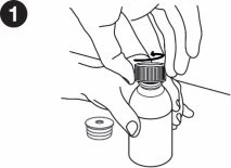 Two hands unscrewing the cap of a medicine bottle with a rotary motion indicated by a curved arrow above the bottle neck