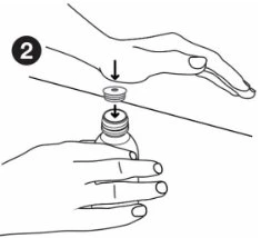 Two hands screwing a white cap onto a medicine bottle, with black arrows indicating downward motion