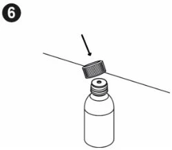 Technical drawing showing a screw cap being removed from the neck of a medical bottle by a black arrow pointing downward