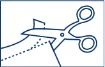 Blue line drawing of a pair of open scissors cutting a dashed line on a material or container