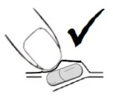 Stylized drawing of a hand holding a medicine capsule ready to be swallowed, with a black checkmark beside it