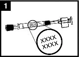 Disegno tecnico di una siringa orizzontale con un ingrandimento circolare che mostra il dettaglio della parte centrale del corpo del dispositivo