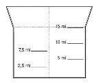 Technical diagram of a graduated container with volume markings of 2.5 ml, 5 ml, 7.5 ml, 10 ml, and 15 ml in two separate columns