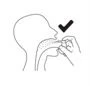 Line drawing of a human head profile showing a person taking a tablet with mouth open, with a checkmark above the head