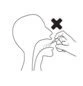 Line drawing of a human head profile with open mouth and a hand inserting an object into the mouth marked with a black cross