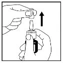 Two hands removing the top cap from a medicine vial with an upward motion