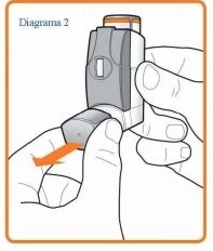 Due mani tengono un inalatore medico grigio e bianco mentre una freccia arancione indica il movimento di rimozione del cappuccio frontale