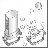 Technical diagram of a medical device with six numbered parts showing the main body, cap, base, and internal components