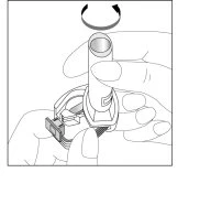 Two hands holding a cylindrical medical device with a curved arrow above indicating a clockwise rotational movement