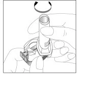 Two hands holding a cylindrical medical device while a curved arrow indicates rotational movement towards the