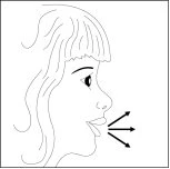 Line drawing of a woman's profile with wavy hair and open mouth from which three black arrows extend to the right