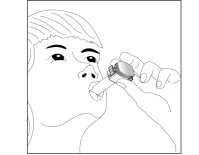 Line drawing of a person holding an inhaler in their hand and positioning it in front of their mouth for inhalation