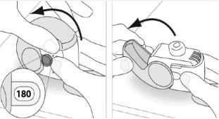Due illustrazioni mostrano mani che ruotano un dispositivo medico di 180 gradi con frecce nere che indicano la direzione del movimento rotatorio