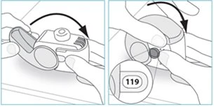 Due illustrazioni mostrano mani che ruotano e premono un dispositivo medico bianco con una freccia nera curva e il numero 119 in un cerchio