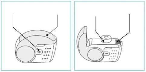 Two schematic diagrams of a medical device showing top and side views with numerical indicators and small circular holes