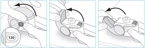 Three sequential illustrations show hands rotating a white medical device with a black arrow indicating rotational movement