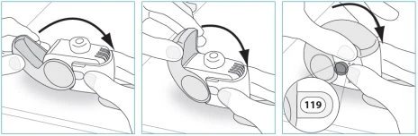 Three sequential illustrations show hands rotating the top part of a medical device to open it and reveal the number 119