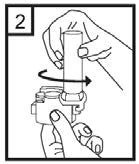Two hands rotating a white cylinder on top of a medical device with a curved arrow indicating rotational movement to the right