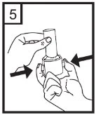 Two hands gripping a cylindrical medical device with black arrows indicating pressure toward the center for the
