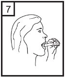 Line drawing of a person in profile holding an inhaler with one hand and placing it in front of an open mouth with the number 7 at the top