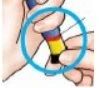 Two hands holding a colored injection pen with a light blue circle highlighting the top part of the medical device