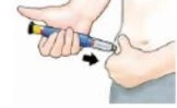A hand holding a blue and yellow injection pen while the