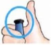 A hand firmly holding a blue and black cylindrical medical device highlighted by a light blue circle to indicate the