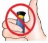 Hand holding a blue vial with black cap, covered by a red prohibition symbol with a diagonal bar