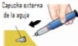 A hand holding a blue injection pen to remove the outer cap of the