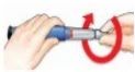 Two hands holding an injection pen with a curved red arrow indicating clockwise rotation of the end part