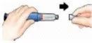 Two hands separating a protective cap from the body of a medical injection pen following the direction indicated by a black arrow