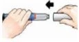 Two hands separating or joining two parts of a medical device with a black arrow indicating movement to the left