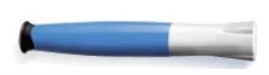 A cylindrical medical device with a blue body and white and black ends on a white background