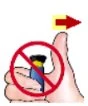 A hand holding a blue vial with a yellow cap covered by a red prohibition symbol with an arrow pointing to the right