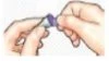 Two hands holding and opening a small medical vial with a purple cap on a white background