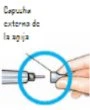 A hand holding the outer cap of a needle while separating it from the syringe body, highlighted by a light blue circle on a white background