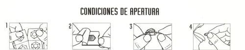 Four sequential numbered drawings show hands opening a medicine package and removing a single dose from the pouch