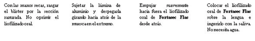 Text in Spanish in four columns explaining how to tear the blister, remove the aluminum foil, and take the oral lyophilized medication