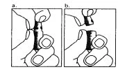Two black and white drawings show hands holding and breaking a medication tube into two separate pieces
