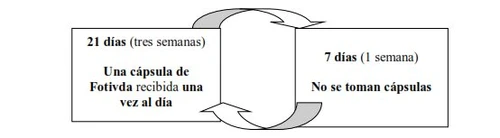 Schema con due riquadri collegati da frecce circolari che indica 21 giorni di assunzione di una capsula di Fotivda al giorno e 7 giorni senza capsule
