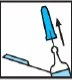 Illustration of a syringe with needle being vertically withdrawn from a glass vial containing blue liquid