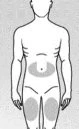 Disegno schematico di un corpo umano maschile con aree grigie evidenziate sull'addome e sulla parte superiore delle cosce