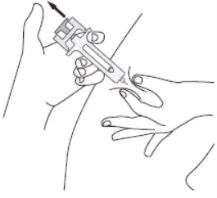 Disegno lineare che mostra due mani che impugnano una siringa per iniettare un farmaco nella pelle del corpo con un angolo inclinato