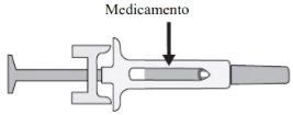 Schema tecnico di una siringa con una freccia nera che indica il contenuto del cilindro identificato dalla scritta Medicamento