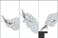 Tre diagrammi mostrano le fasi per impugnare e utilizzare un dispositivo medico con una mano per l'iniezione o l'applicazione su una superficie