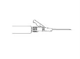 Black and white technical drawing of a syringe with a thin needle and a screw connector for